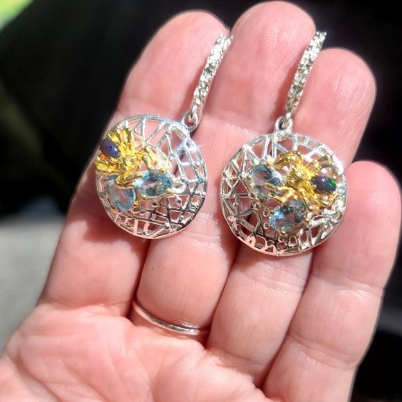 Black Opal & aquamarine sterling/gold spider earrings - Picture 10 of 11